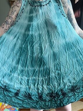 Teal Embroidered Tie Dye Boho Vintage Sleeveless Women's Dress